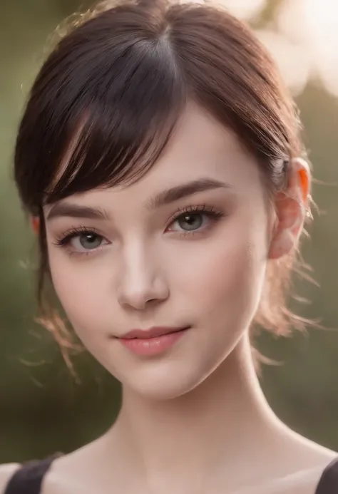 Short Black Hair, Airy Bangs, see through bangs, Hazel Eyes, brown and green eyes, Small Eyes, Upturned Eyes, cat eyes, Thin lips, pale skin, petit girl, purple and black clothing, smiling, few freckles, blonde eyebrows, purple heart stud earrings, sharp j...