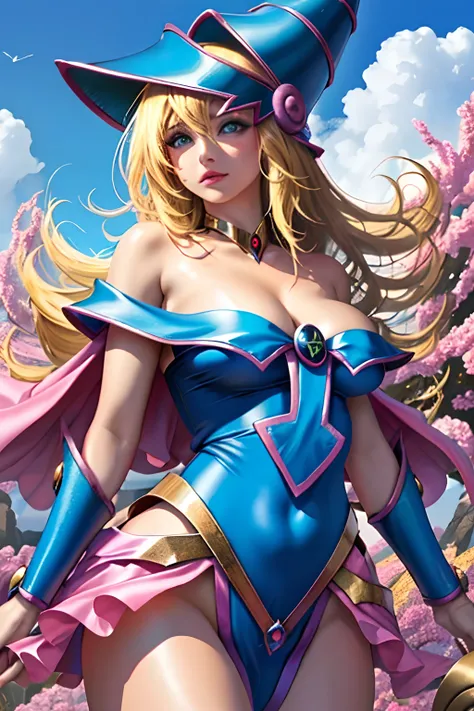 Dark magician gils ((mejor calidad)), ((obra maestra)), (detallada), rubia, smal boobs, smal boobs, seductive succubus, Ethereal Beauty, Perched on a pink-flowered tree, (Fantasy Illustration: 1.3), mirada encantadora, cautivadora pose, chica dark magician...