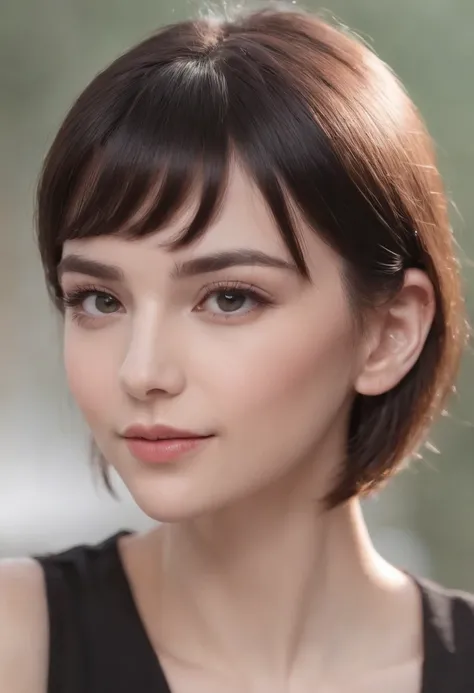 Short Black Hair, Airy Bangs, see through bangs, Hazel Eyes, brown and green eyes, Small Eyes, Upturned Eyes, cat eyes, Thin lips, pale skin, petit girl, purple and black clothing, smiling, few freckles, blonde eyebrows, purple heart stud earrings, sharp j...