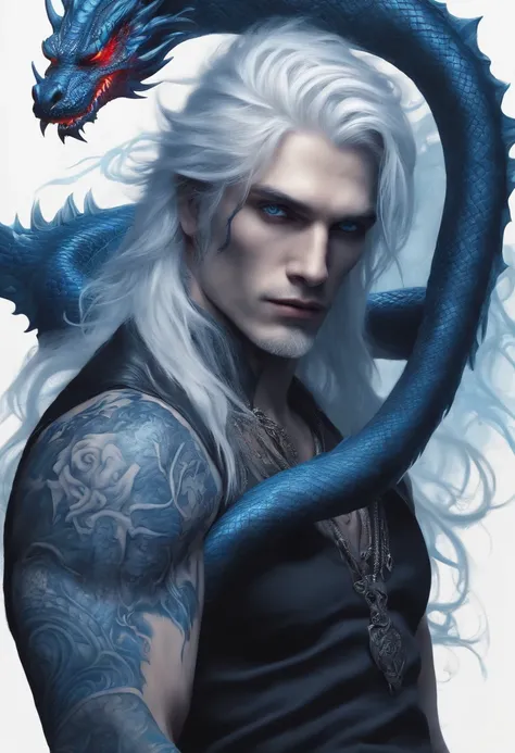 Long white haired man with blue eyes and psychopathic feature with a blue dragon tattoo on his face and a blue dragon tattoo on his neck