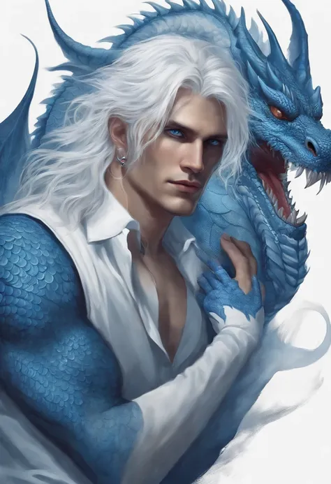 Long white haired man with blue eyes and psychopathic feature with a blue dragon tattoo on his face and a blue dragon tattoo on his neck