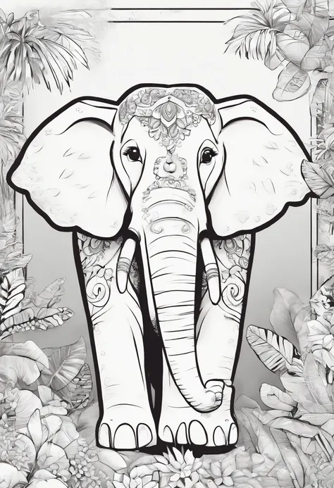 dibujo en blanco y negro para colorear, un elefante en la jungla