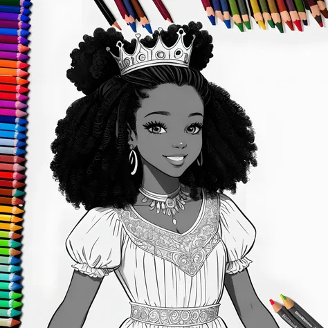 Drawing of a 13-year-old black afro princess with curly curly hair tied with a crown on her head (coloring book page) desenho estilo Disney 1970 infantil para colorir sem cor sorrindo obra prima (fundo branco) Simple linear strokes to color full body with ...