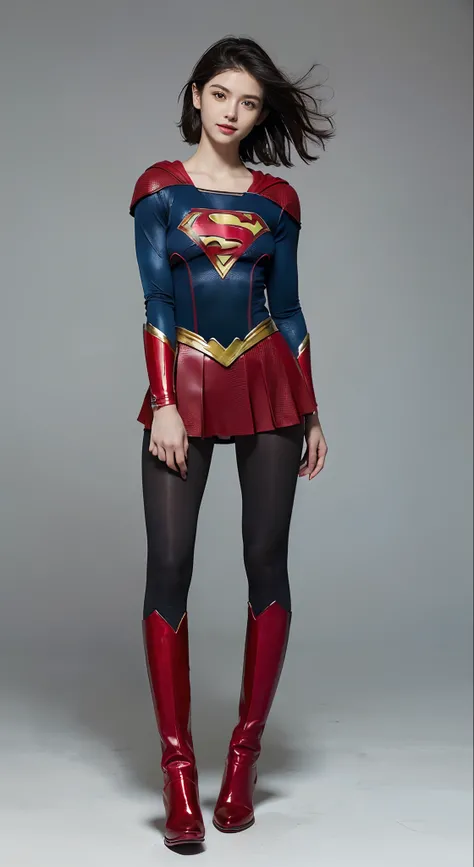 distressed look、My crotch hurts、Suffering、Done、defeated、Defeated by enemies、(((Wear black tights on your beautiful legs.)))、(((beauty legs)))、(((facial expression of smile)))、((((Make the most of the original image)))、(((Supergirl Costume)))、(((Beautiful s...