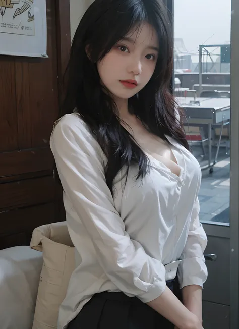 best qualtiy， 超高分辨率， （realisticlying：1.4）， one-girl， A pair of clear and moving eyes,Royal Sister，Snow-white and translucent school uniform， （big cleavage breasts：1.2）， looking at viewert， closeup cleavage ，