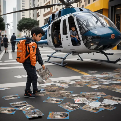 arafed boy standing in front of a helicopter with (ADD FLYERS) on the ground, helicopters, floating over a city sidewalk, true realistic image, only one robot kid on the ground, inspired by Kurt Wenner, helicopter view, next gen, an amazing photo, helicopt...