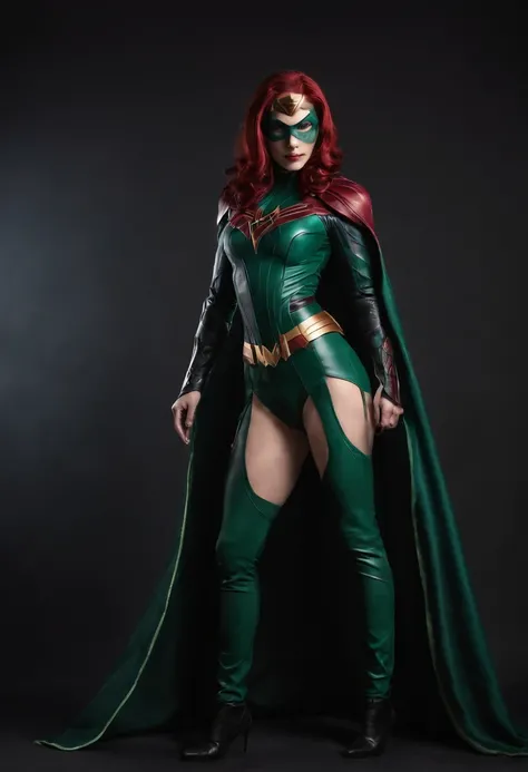 Woman wearing a Hela (superheroine) costume posing for a photo in a dark studio, Hela cosplay.