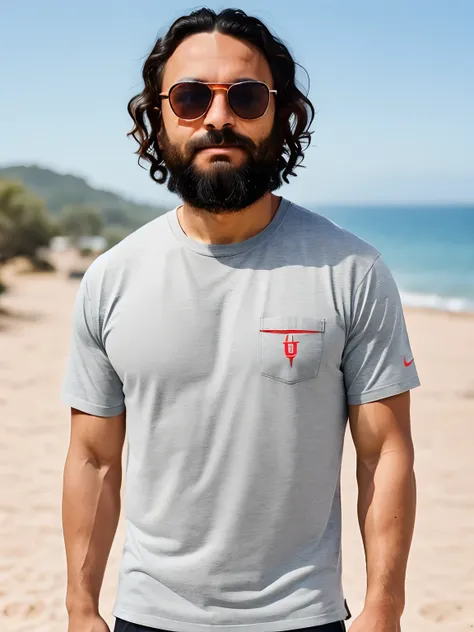 (Foto RAW:1.2), um homem vestindo uma roupa casual da nike, de oculos de sol, cabelo comprido e cacheado, barba, best quality, 8k, UHD, fotorrealista