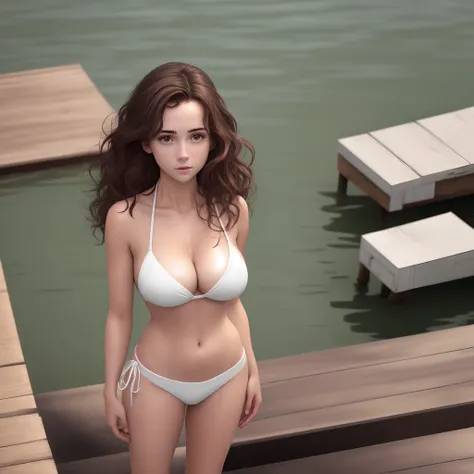 Young female, short wet wavy brown hair, white bikini, cleavage, standing on the docks