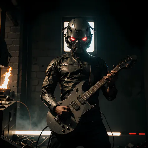 Angry cyborg soldier playing headless electric guitar in hell