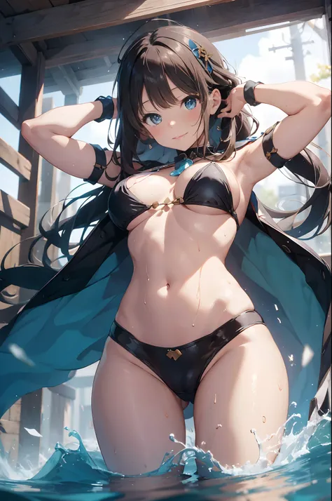 Genshin impact, Nilou, ((best quality, high resolution, distinct image)), (delicate illustration), 8k, 1girl, solo, extremely cute and beautiful, cowboy shot, Crypto.com Arena, live stage, blush, breasts, wet, (Nilou outfit:1.3), standing, spread arms in t...