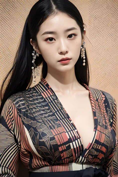 (extra detailed body、extra detailed face、best qualtiy:1.2)、femele、looking at the viewers、(Japanese pattern dress、asymmetry、Long black hair、Ukiyo-e wallpaper on background）