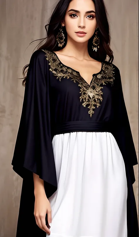 uma mulher com um vestido preto em frente a uma parede, vestir, long tunic, editing, vestido longo preto escuro, Embroidered robes, vestido astral, vestido preto com cinto, Vestidos, classical robes, black tunic, em vestes escuras com detalhes dourados, da...