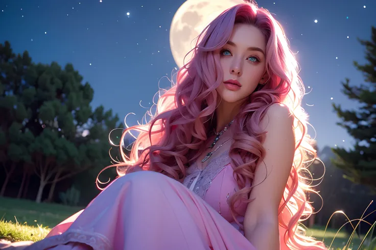 Woman, long curly hair, pink hair, blue eyes, sitting on the lawn, grass, sitting, looking at the sky, full moon, Stars, medieval, glowing eyes