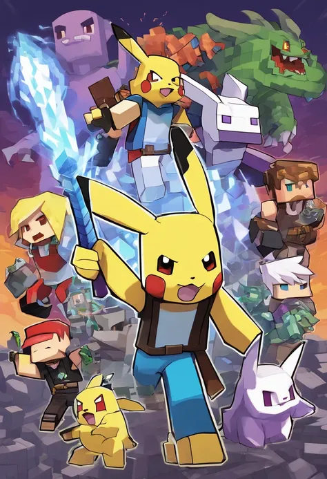 1 boy, , White color hair, Holding,  holding a mic，Talk to people, Pikachu,Pokémon Contest，boisterous，firebreathing dragon，Mewtwo，Jeni Turtle，Kabi Beast，drak