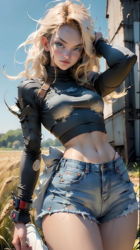 Female Body Definition Thigh Cybernetic Body Parts、Short underwear、Android 18、.....db、It is shown to have a rather slender figure. Lean on the wheat field and look at this、And the breeze is playing with her hair, And she touches the wheat with her hands in...