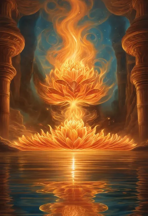 um flor de lotus em chama, a close-up of a reflection of fire and water on a surface, Jen Bartel, holy fire spell art, Dan Mumford e Alex Grey Estilo, Fire reflection, fire and water, Aura de poder. circunstanciado, solstice fire, holy flame spell, Directe...