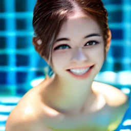 (8K、Raw photography、top-quality、​masterpiece:1.2)、(realisitic、Photorealsitic:1.37)、ultra-detailliert、超A high resolution、女の子1人、see the beholder、beautifull detailed face、A smile、Constriction、(Slim waist) :1.3)、((swim wears))、Beautiful detailed skin、Skin Text...