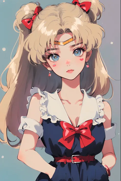 ((((blonde haired girl with sapphire eyes,Minako Aino ，retro anime girl , sailor moon aesthetic, anime vintage colors，Vaporwave style,90s anime style,have the style of folk portraits,chicano inspired retro fashion，renaissance,  retro style inspiration retr...