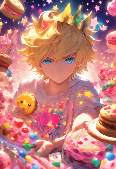 Kagamine Len con una playera rosa y un estampado de una estrella, A princes crown in a world of fancy sweets and cookies