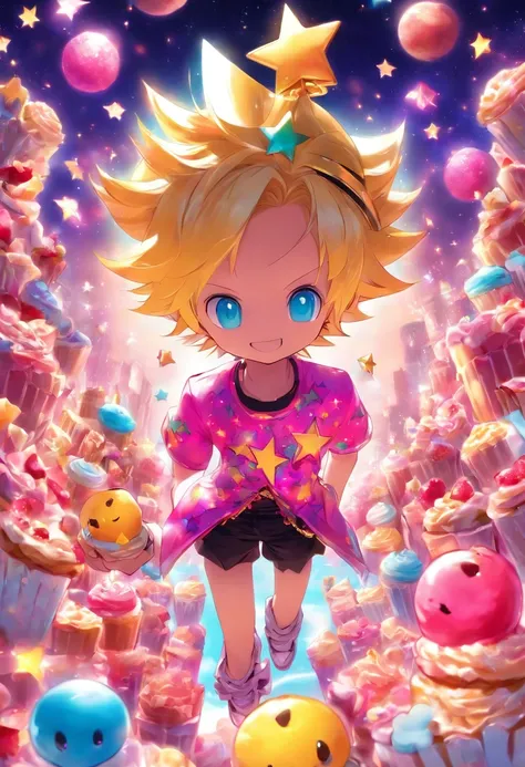 Kagamine Len con una playera rosa y un estampado de una estrella, A princes crown in a world of fancy sweets and cookies