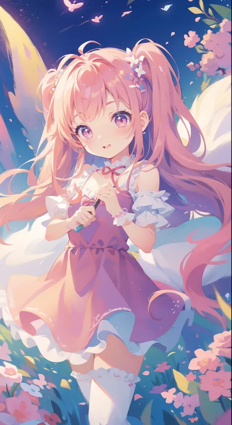 One girl、magical little girl、​masterpiece、top-quality、Top image quality、cute little、A pink-haired、long twin tail hair、Magical Girl Costumes、magia、uses magic