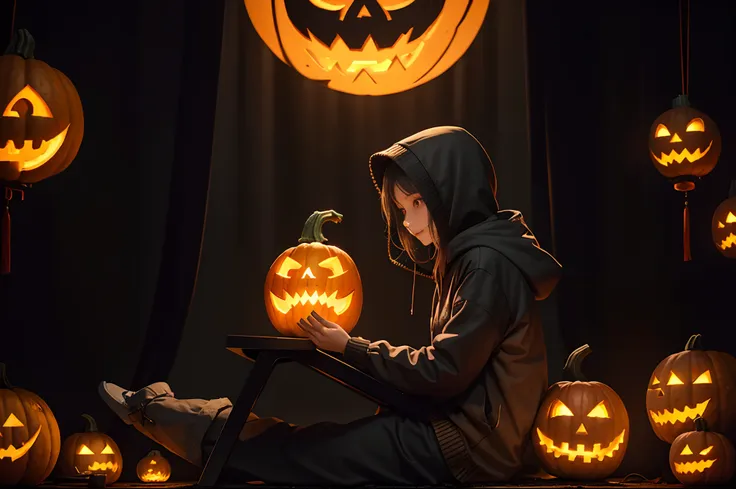 dark room, side view of a female chinese hacker with hoodie typing on  acomputer, pumpkins carved with sinister smiles, moss, sk...