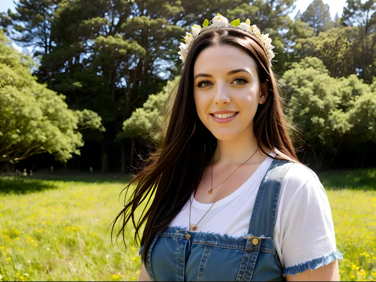 hyper-realistic photo of Angela White, 28 years old (wearing frayed denim shorts and loose white t-shirt) (spring queen outfit, flower tiara) (silky hair, loose hair) (piercing eyes, staring at the viewer) (enigmatic smile) in a lush green open field (Sono...