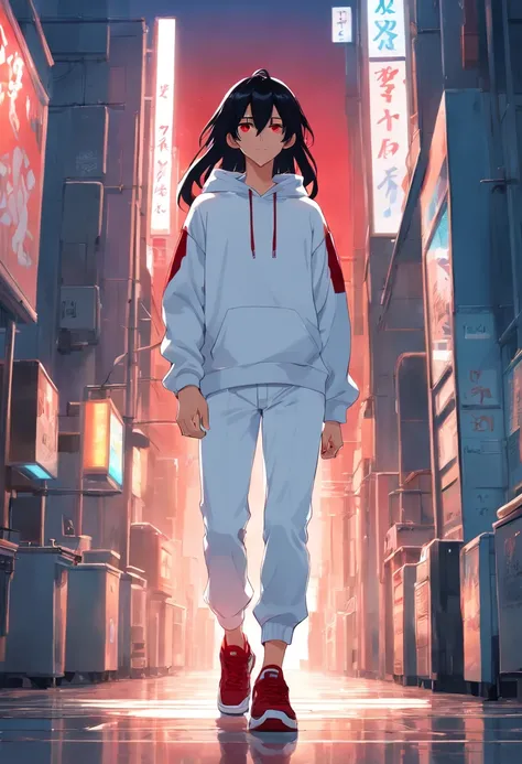 A tall guy, long black hair, long ears, red-eyes, white sweatshirt, White pants, Black sneakers.