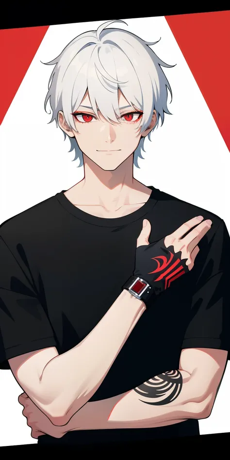 White haired guy, red eyes, black color tattoos, looking at the camera, black t-shirt, shoulder frame, gaming, slightly smiling