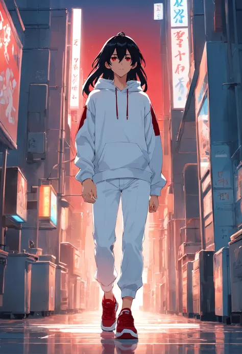 A tall guy, long black hair, long ears, red-eyes, white sweatshirt, White pants, Black sneakers.