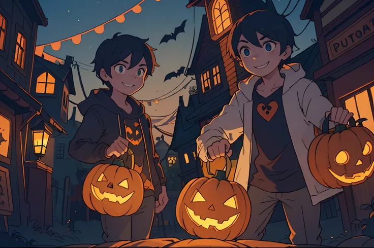 A girl and a boy, both dressed with Halloween costumes, carrying each one a pumpking carved with a sinister smile with a torch inside the pumpkin. Street in a small town at sunset as background, blue hour, highly detailed.