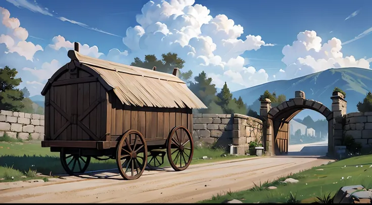 establishing shot. a large flat area with stone walls. the wagon is approaching a large gate.