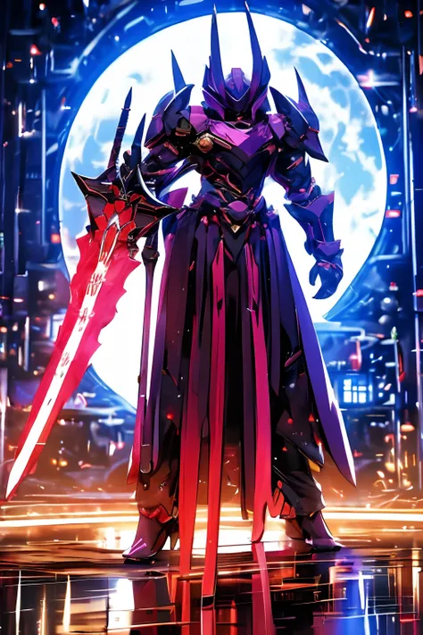 Huge Chinese imperial palace，Wide square，the night，themoon、Standing a handsome man in purple armor，Deep purple armor，Dragon helmet，Black sword in hand，Black Sword