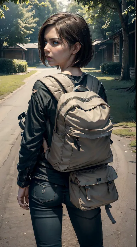 ((back view)), ((ultra high definition)), ((ultra high resolution)), ((full sharpness)), ((Masterpiece)), ((maximum quality)), ((Cinematic)), ((8k)), ((Maggie Greene/Lauren Cohan)), ((totally identical to the series)), ((The Walking Dead Series)), ((alone)...