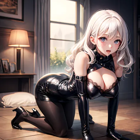 realisitic、top-quality、1girl in,White hair,Wavy Hair,Saliva,Heart shaped pupils ,  ,tight leather skirt, lace PVC gloves ,all-fours