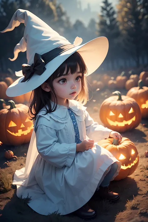 child in a witchs outfit, white and light blue clothes, in the middle of a Halloween pumpkin patch, American animation style, intense light, particles of magic in the air, pleasant atmosphere