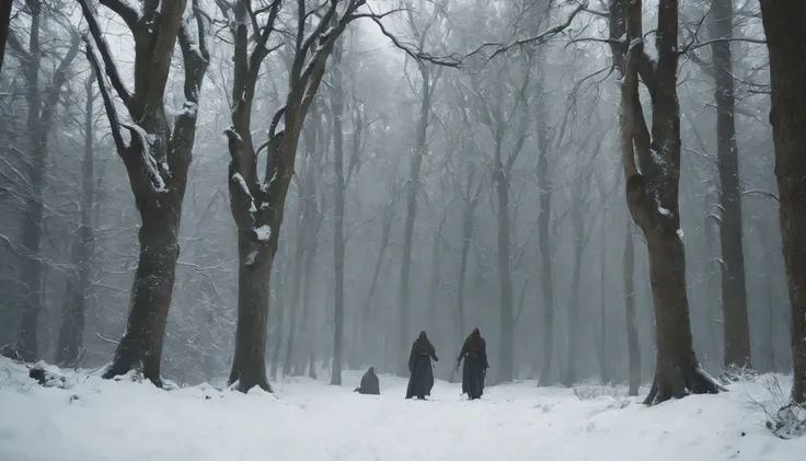 (best quality, 8k, photorealistic), three medieval bodies hanging from trees by ropes, snow-covered landscape, midnight, dark and chilling atmosphere, eerie and mysterious, cinematic scene from a film, a scene that sends shivers down the spine.