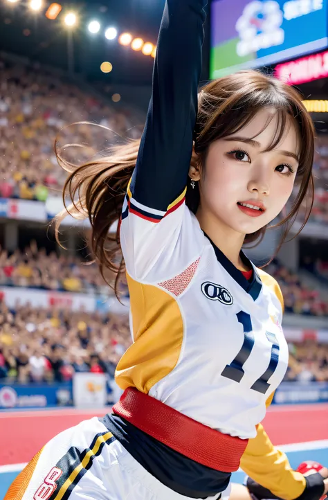 Morning Musume no Eri, Wear football player clothes, In the midst of her goal celebration. The background captures the excitement of the audience, Eta、Her teammates are starting to surround her with celebrations, Highlight the intricate details of her beau...