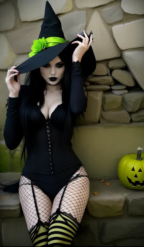 Witch sitting on a stone ledge with a hat and a pumpkin, bruxa escura da moda, gothic horror vibes, Witchy, Bruxa das Trevas, wearing black witch hat, classical witch, goth woman, beautiful witch female, Bruxa malvada feminina bonita, bruxa feminina bonita...