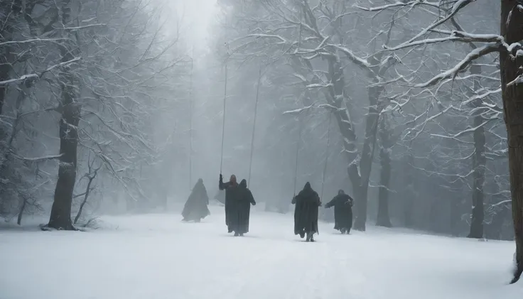 (best quality, 8k, photorealistic), three medieval bodies hanging from trees by ropes, snow-covered landscape, midnight, dark and chilling atmosphere, eerie and mysterious, cinematic scene from a film, a scene that sends shivers down the spine.