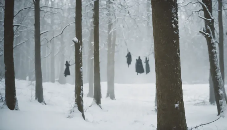 (best quality, 8k, photorealistic), three medieval bodies hanging from trees by ropes, snow-covered landscape, midnight, dark and chilling atmosphere, eerie and mysterious, cinematic scene from a film, a scene that sends shivers down the spine.