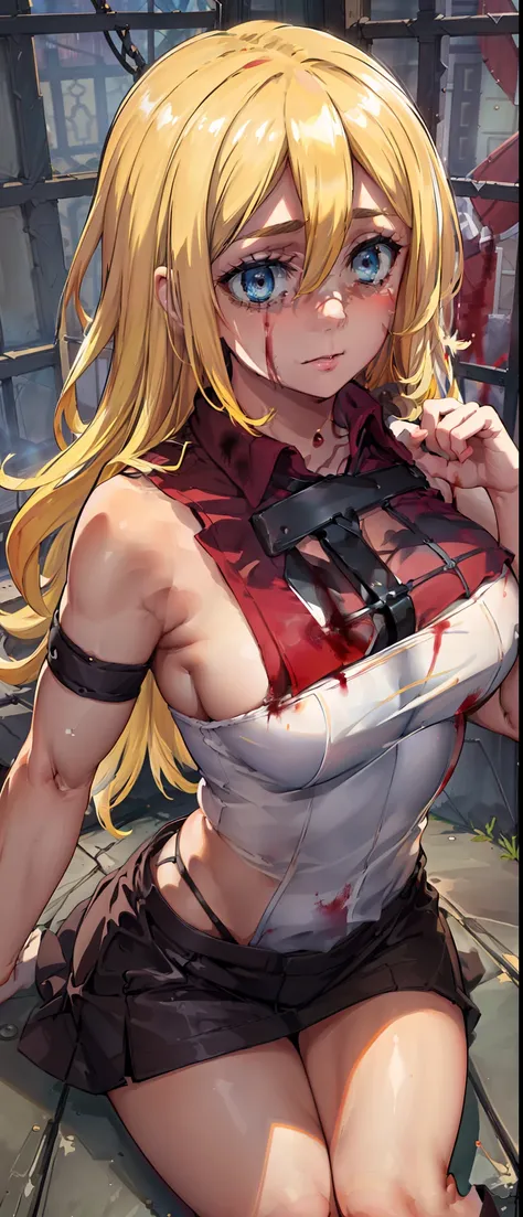 (day:1.7), Forest background,
sitting on the floor,sleeveless,((((the girl is a thug, blood on hands, blood on hair, dominant mistress, prison, doing something sadistic and savage)))), thighs,
blonde hair,blue eyes,bangs, Long_hair,(hair between eyes:1.3),...