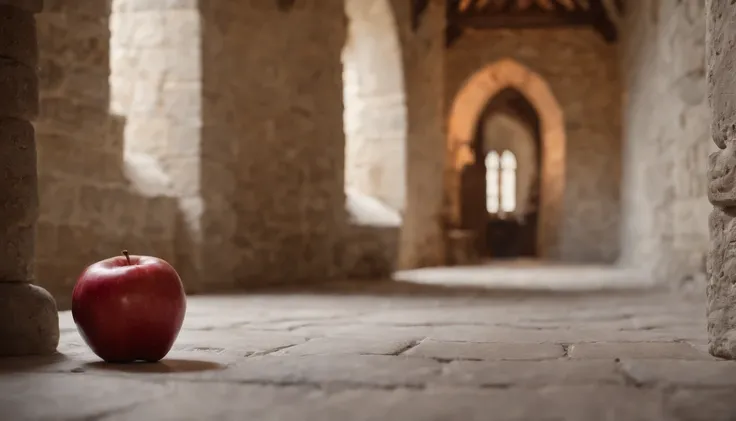 (best quality, 8k, photorealistic), red apple dropped on a medieval castle hallway floor, cinematic, cinematic scene from film, day