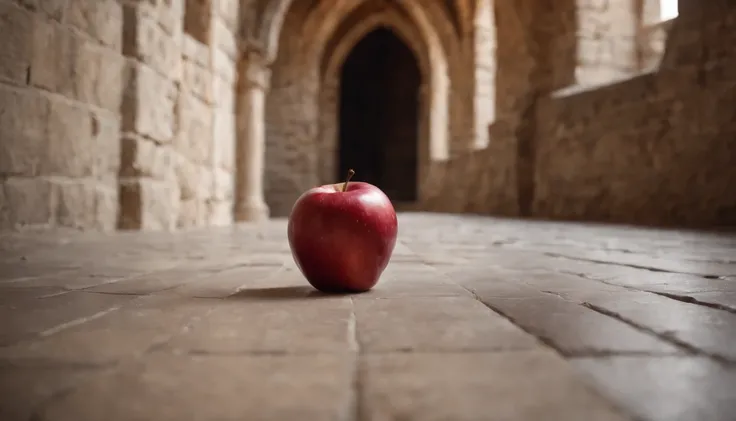 (best quality, 8k, photorealistic), red apple dropped on a medieval castle hallway floor, cinematic, cinematic scene from film, day