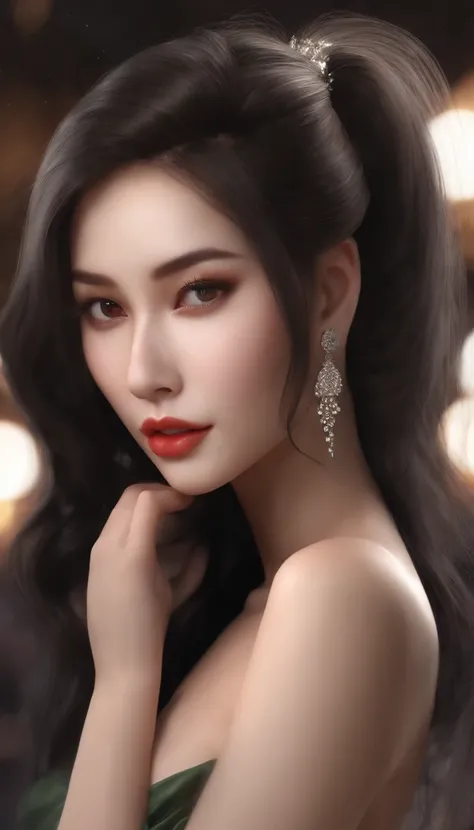 ((best quality, 8K, tmasterpiece:1.3)),  long black hair, Sharp:1.2, perfect figure of beautiful woman:1.4, beautiful girl, Slender stomach:1.2, ((Layered Hairstyle, big breasts, perfect genitals :1.2)) , (Long open dress：1,1）,(Sateen,street, mall night ci...