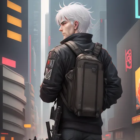 White Haired Man With Guns In Hands Of Back Cyberpunk Style In Front Of Big Metropolis Ultra Realistic Style Anime Style