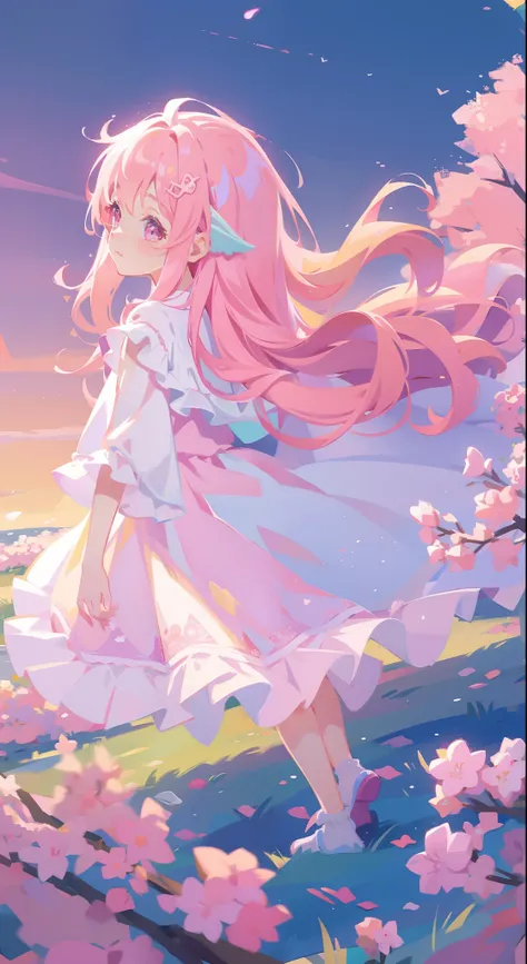 pink hair, beautiful girl, magical girl dress, long twin tail hair, masterpiece, best quality, sharp focus, 8k resolution, top quality, best quality, cute, whimsical, playful, fantasy, intricate dress details, highly detailed dress