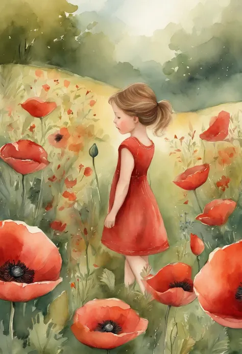 Illustration of a girl, wearing red dress, Playing in the poppy garden, short brown hair, kids book illustration, cute storybook illustration, adorable digital painting, illustration for children, childrens illustration, beautiful digital art,