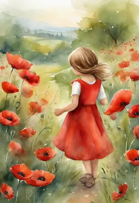 Illustration of a girl, wearing red dress, Playing in the poppy garden, short brown hair, kids book illustration, cute storybook illustration, adorable digital painting, illustration for children, childrens illustration, beautiful digital art,